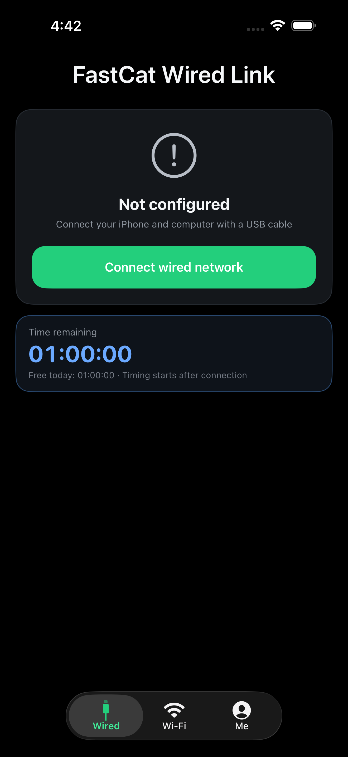 FastCat Wired Link screen on iPhone